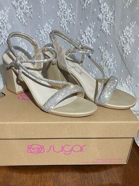Sugar Sparkling Champagne Strappy Block Heel Sandals